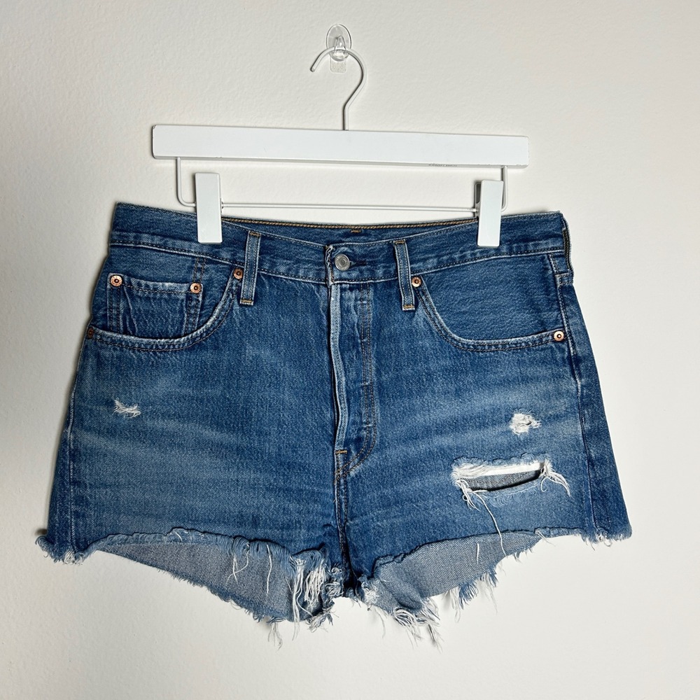 Levis 501 Original High Rise Distressed Denim Shorts Blue W29 56327-0177